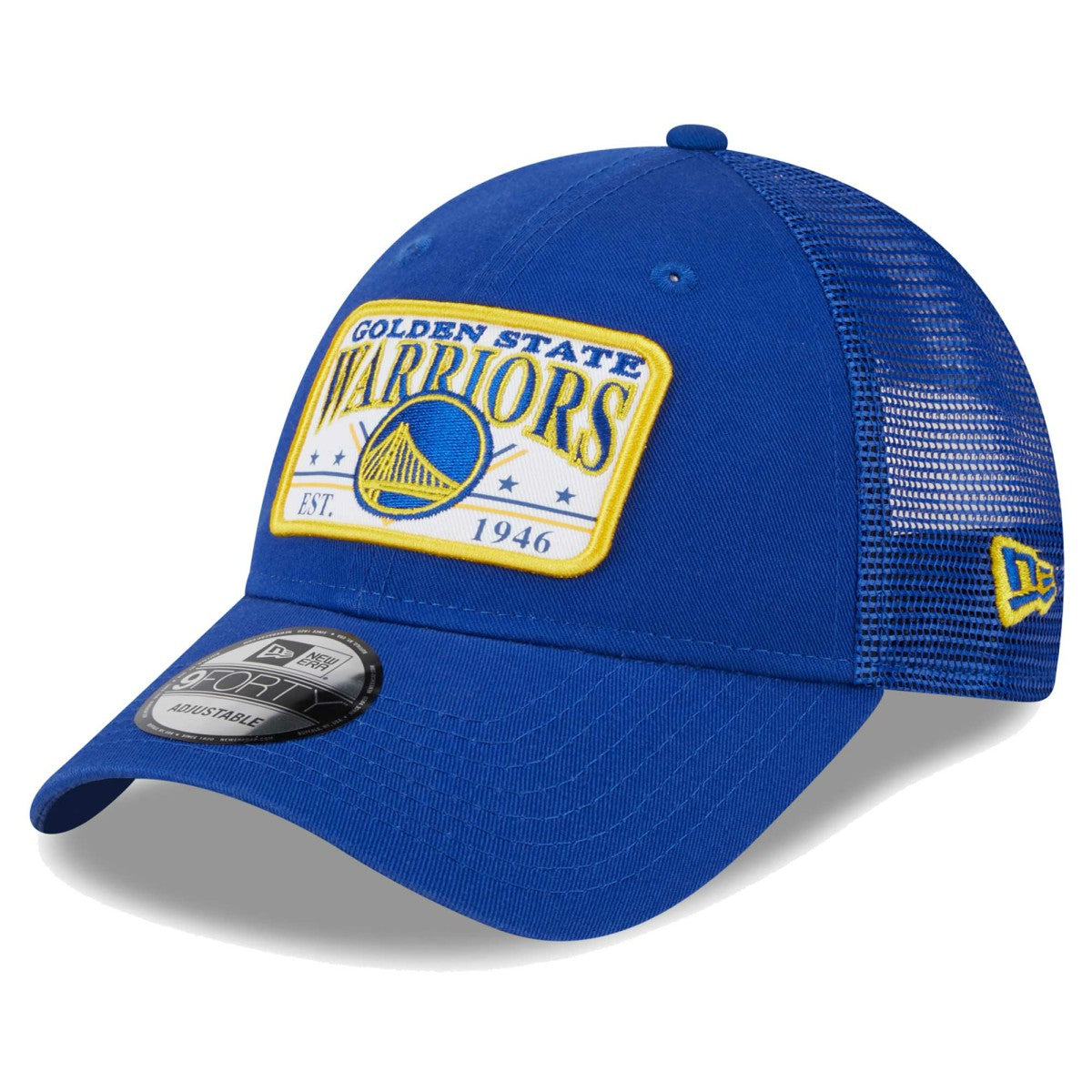 New Era - Golden State Warriors Plate Oversized Patch Trucker 9FORTY Adjustable Hat - Royal