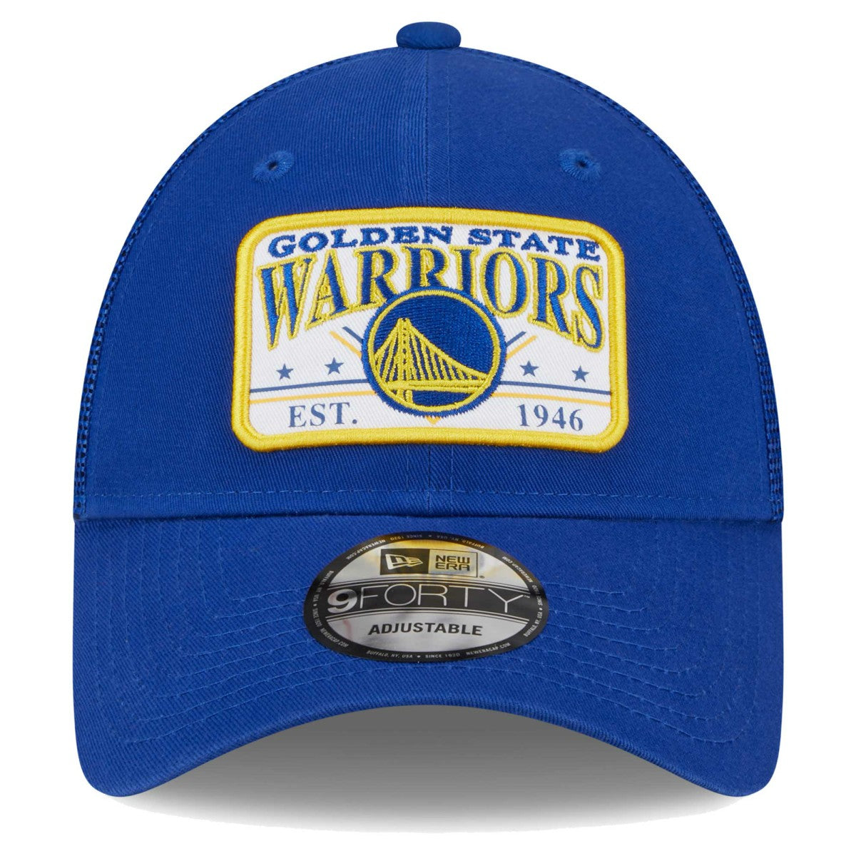 New Era - Golden State Warriors Plate Oversized Patch Trucker 9FORTY Adjustable Hat - Royal