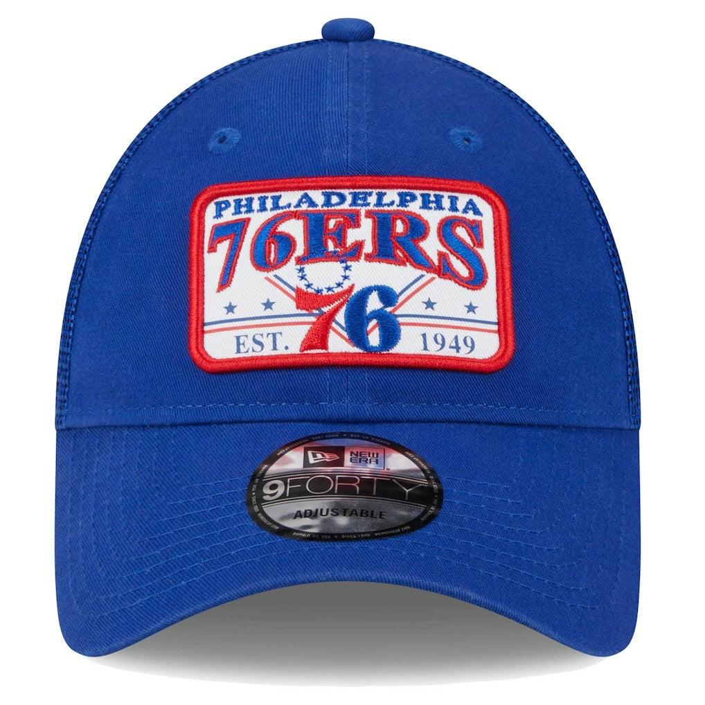 New Era - Philadelphia 76ers Plate Oversized Patch Trucker 9FORTY Adjustable Hat - Royal