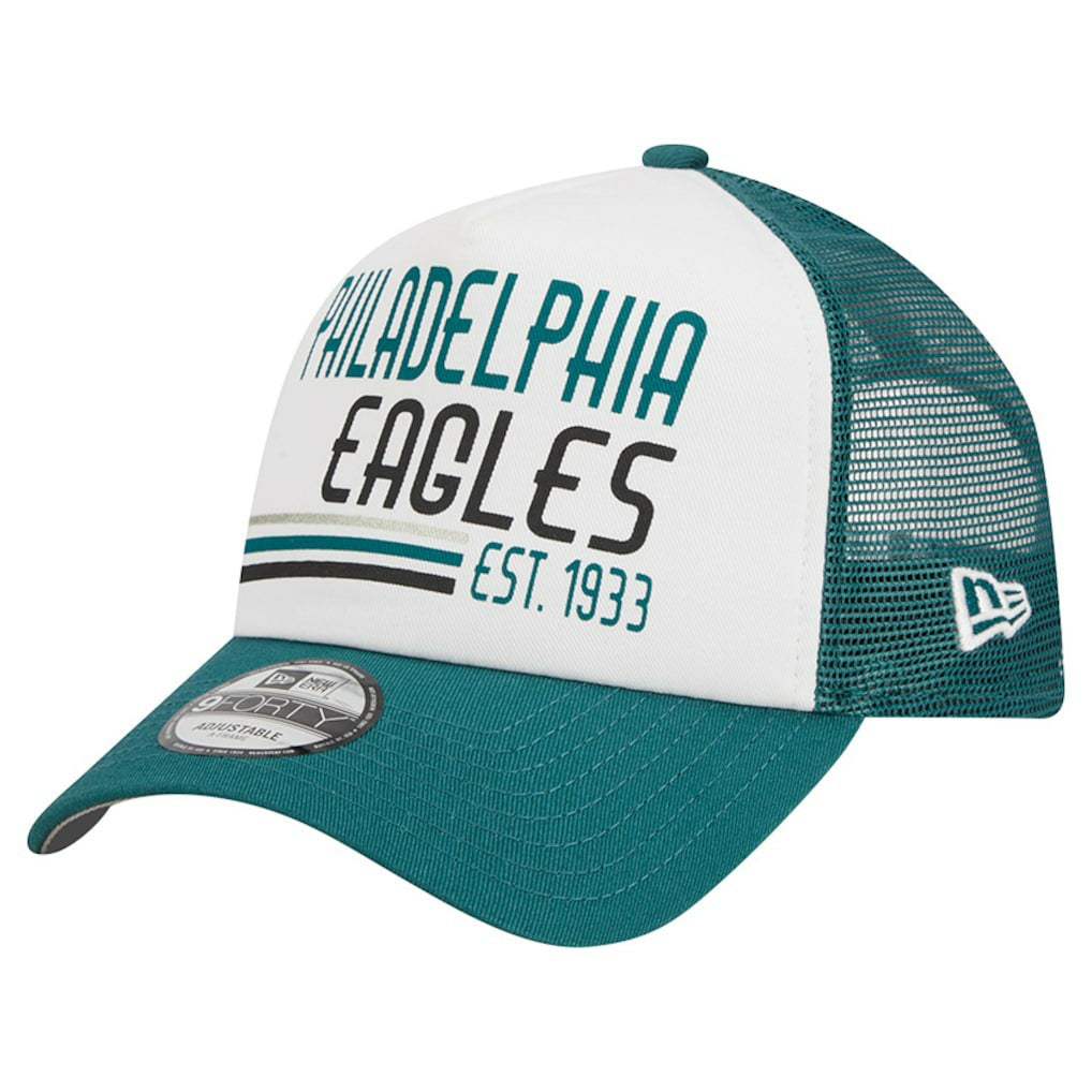 Philadelphia Eagles New Era Stacked A-Frame Trucker 9FORTY Adjustable Hat White/Midnight Green - NFL