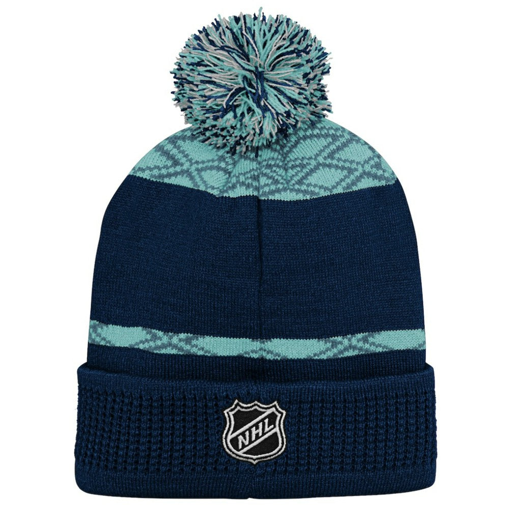 Seattle Kraken Youth Puck Cuffed Knit Hat with Pom Deep Sea Blue
