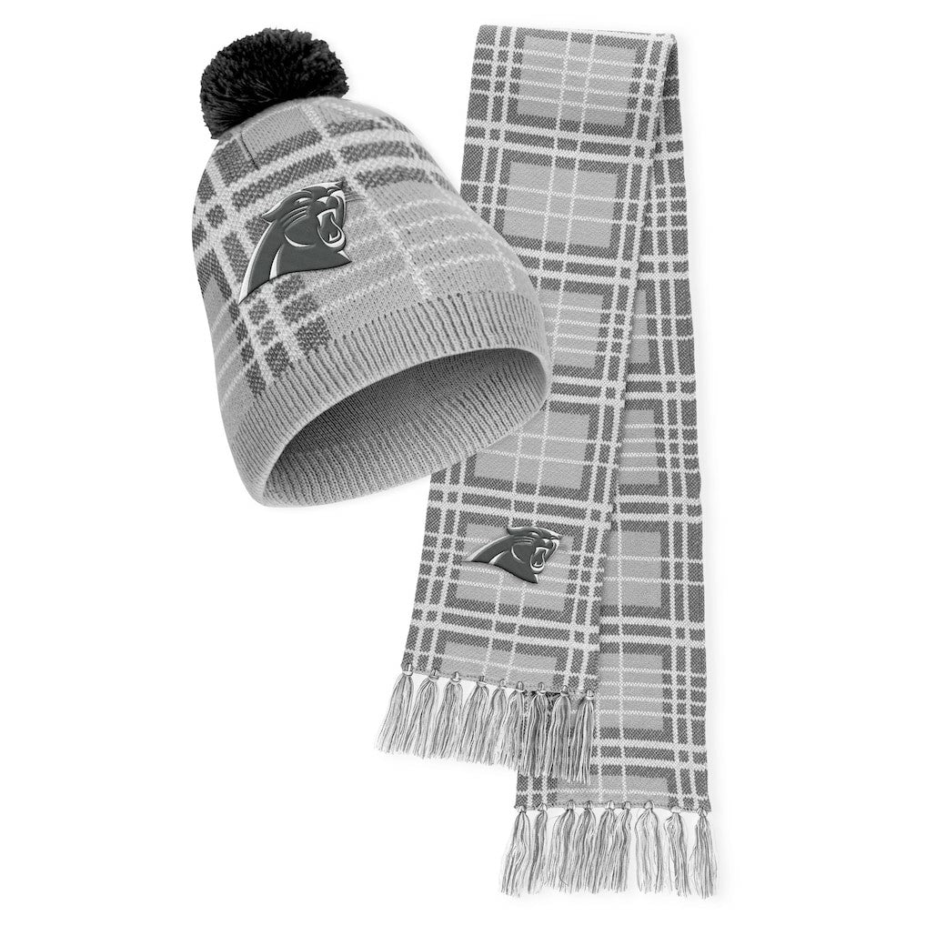 Carolina Panthers WEAR by Erin Andrews Women's Plaid Knit Hat with Pom & Scarf Set - NFL