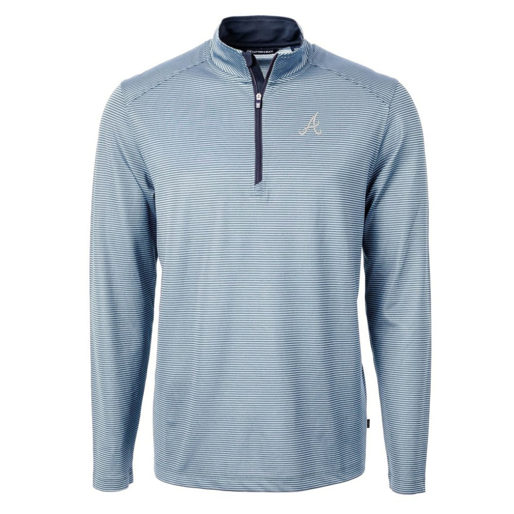 Atlanta Braves Cutter & Buck Virtue Eco Pique Micro Stripe Recycled Quarter-Zip Pullover Top Lifestyle