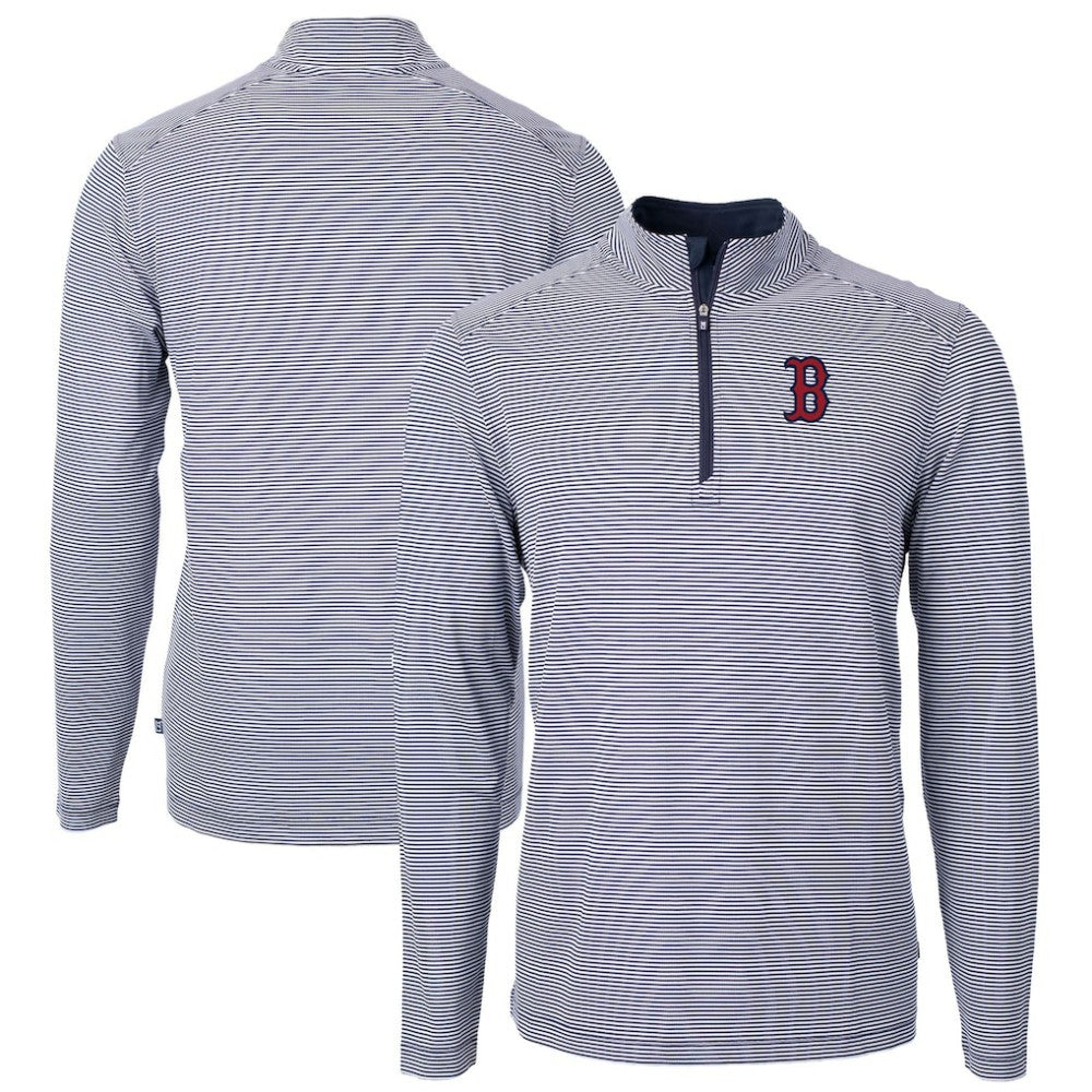 Boston Red Sox Cutter & Buck Virtue Eco Pique Micro Stripe Recycled Quarter-Zip Pullover Top Clearance