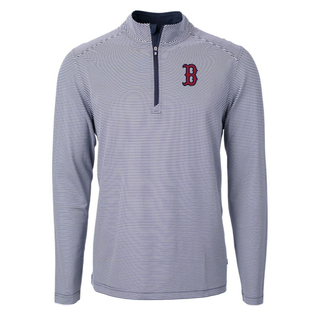 Boston Red Sox Cutter & Buck Virtue Eco Pique Micro Stripe Recycled Quarter-Zip Pullover Top Clearance