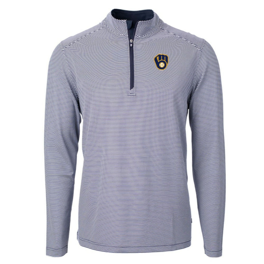 Milwaukee Brewers Cutter & Buck Virtue Eco Pique Micro Stripe Recycled Quarter-Zip Pullover Top Sale