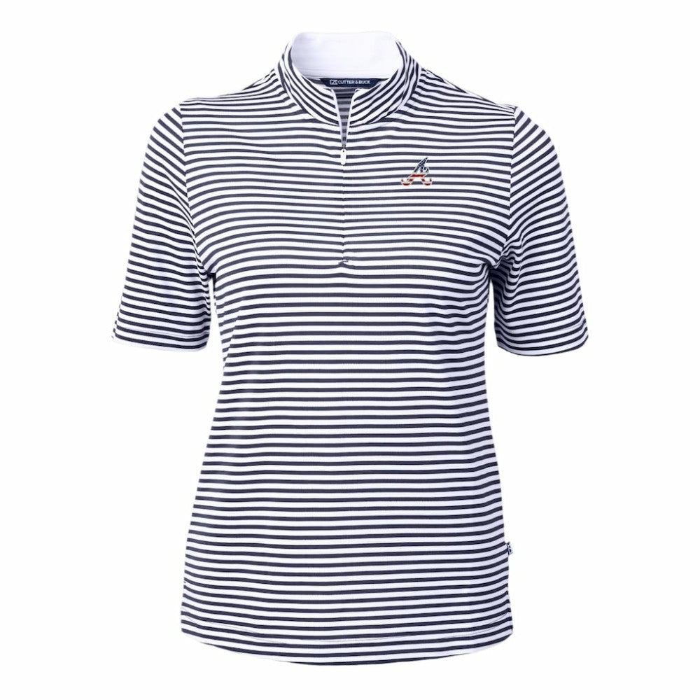 Atlanta Braves Cutter & Buck Women's Virtue Eco Pique Stripe Recycled Quarter-Zip Pullover Top Lifestyle