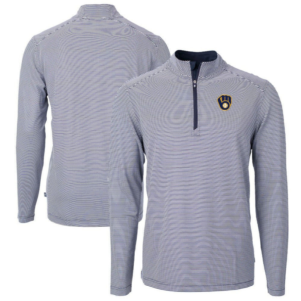 Milwaukee Brewers Cutter & Buck Virtue Eco Pique Micro Stripe Big & Tall Recycled Quarter-Zip Pullover Top Lifestyle