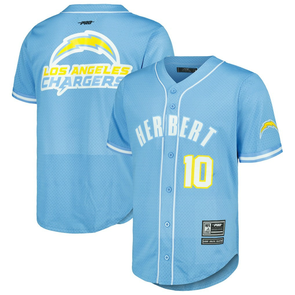 Justin Herbert Los Angeles Chargers Pro Standard Mesh Baseball Button-Up T-Shirt Powder Blue - NFL