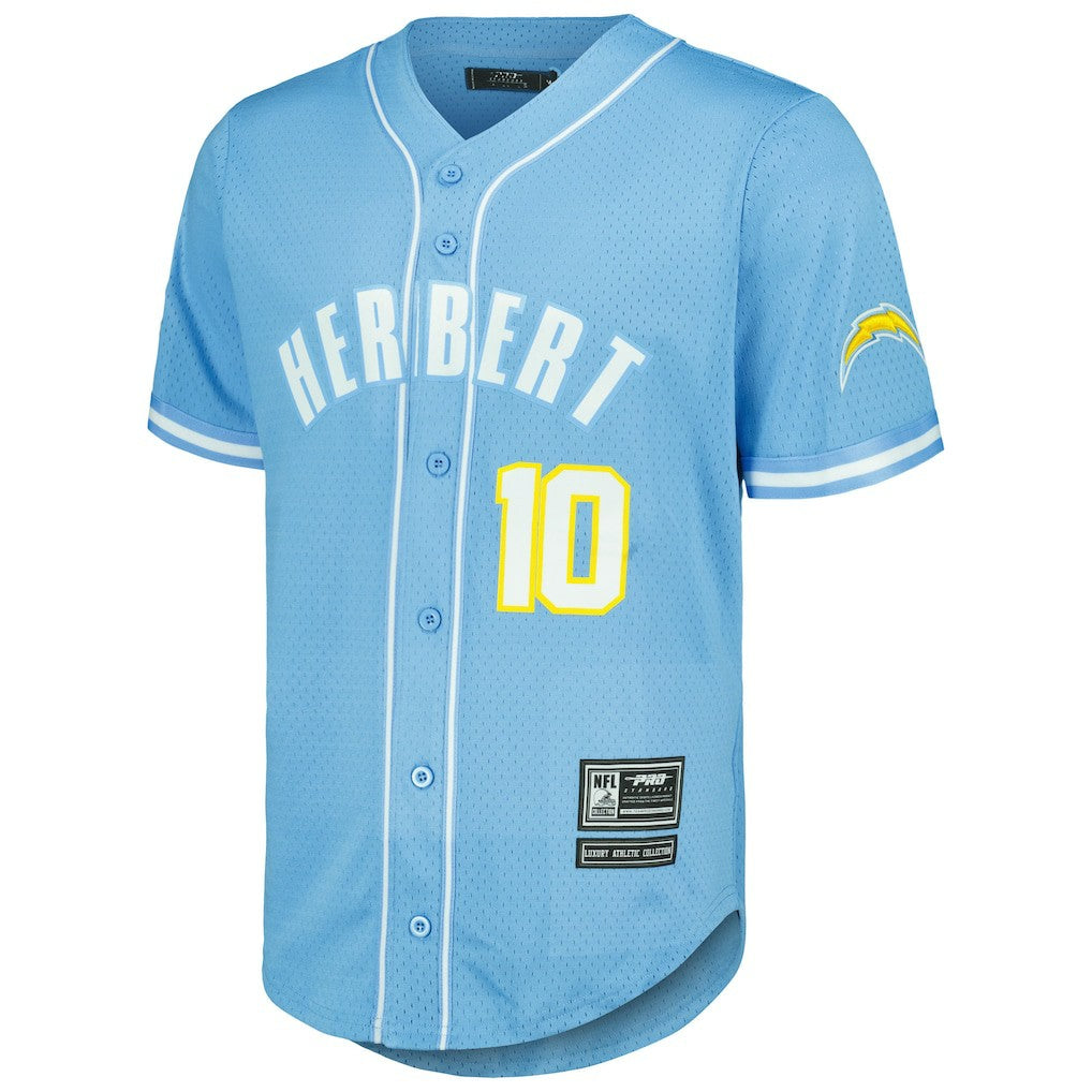 Justin Herbert Los Angeles Chargers Pro Standard Mesh Baseball Button-Up T-Shirt Powder Blue - NFL