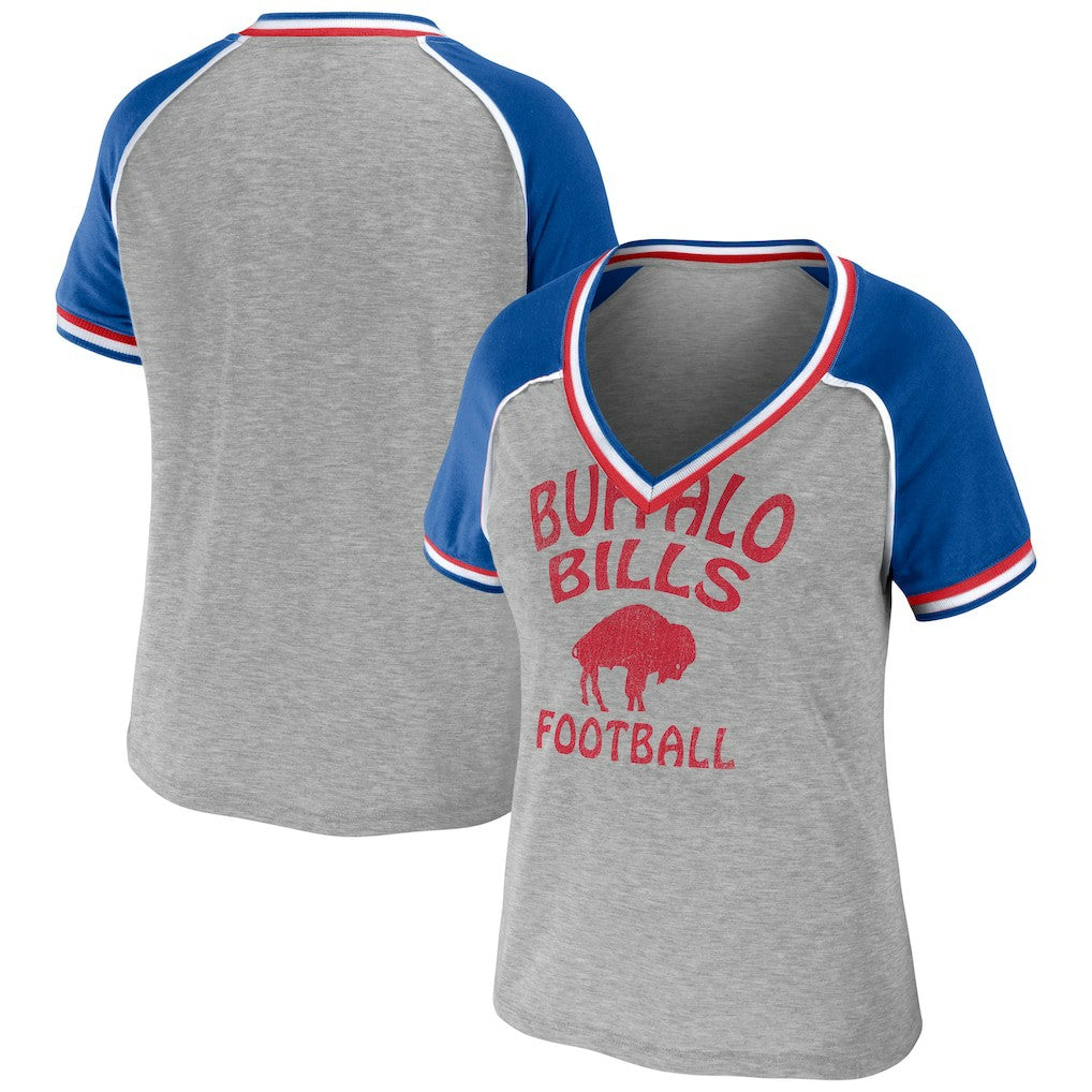Buffalo Bills WEAR by Erin Andrews Women's Cropped Raglan Throwback V-Neck T-Shirt Heather Gray - NFL