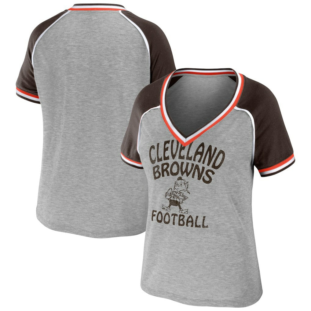 Cleveland Browns WEAR by Erin Andrews Women's Cropped Raglan Throwback V-Neck T-Shirt Heather Gray - NFL