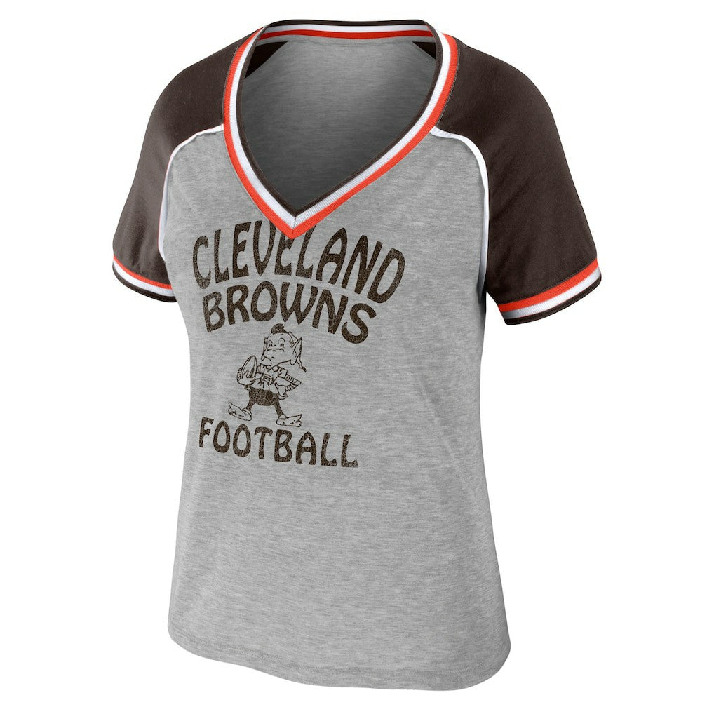 Cleveland Browns WEAR by Erin Andrews Women's Cropped Raglan Throwback V-Neck T-Shirt Heather Gray - NFL