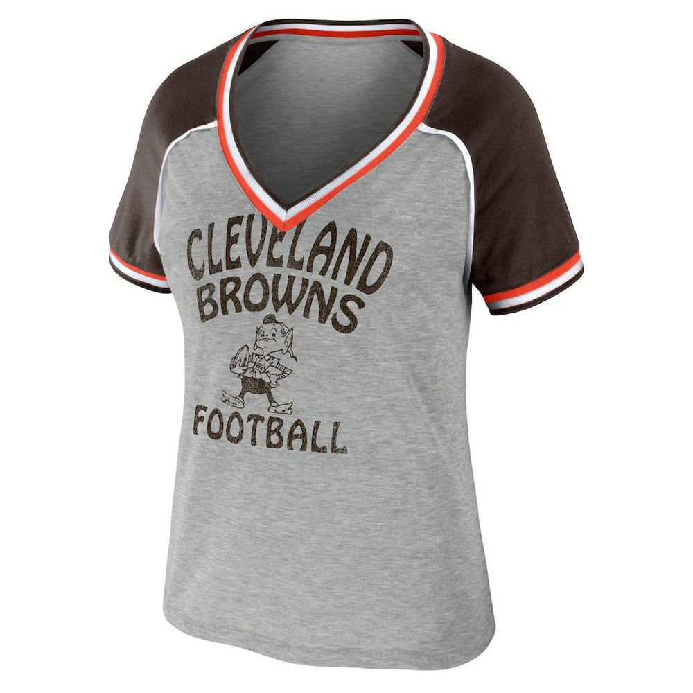 Cleveland Browns WEAR by Erin Andrews Women's Cropped Raglan Throwback V-Neck T-Shirt Heather Gray - NFL