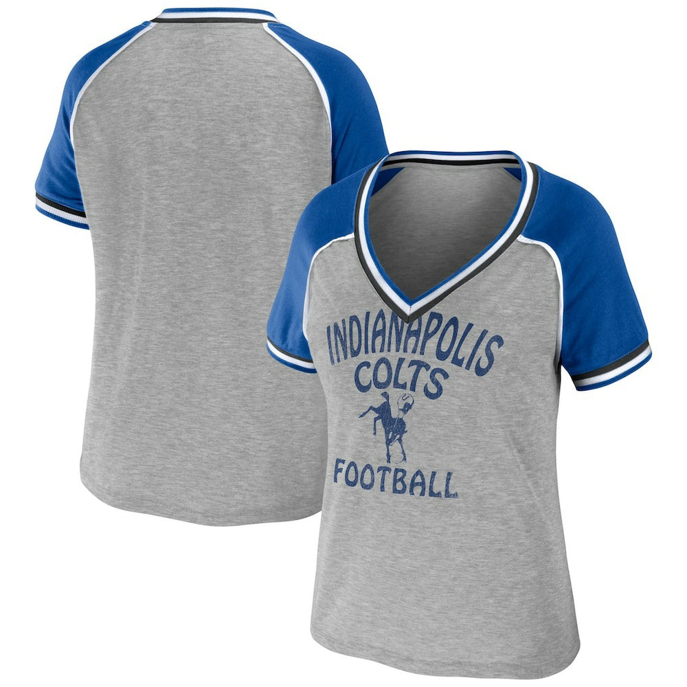 Indianapolis Colts WEAR by Erin Andrews Women's Cropped Raglan Throwback V-Neck T-Shirt Heather Gray - NFL