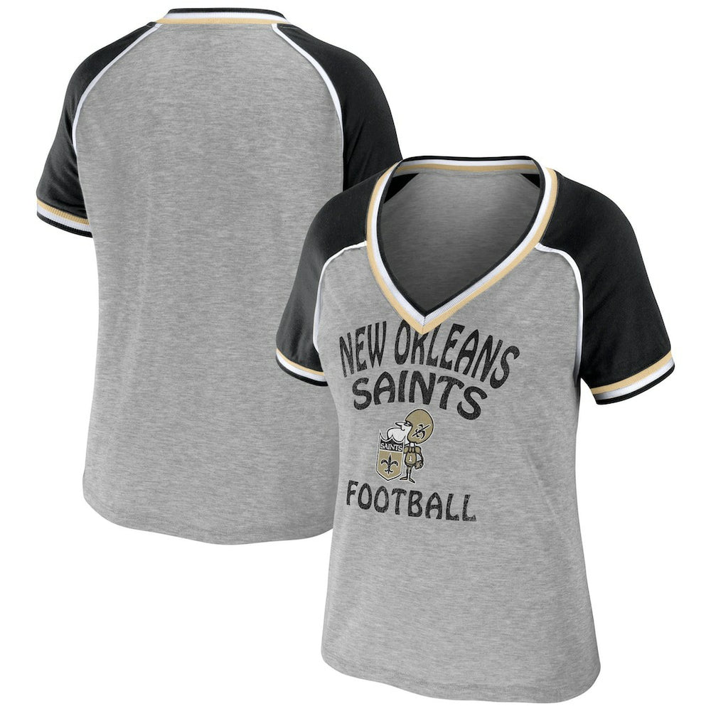 New Orleans Saints WEAR by Erin Andrews Women's Cropped Raglan Throwback V-Neck T-Shirt Heather Gray - NFL