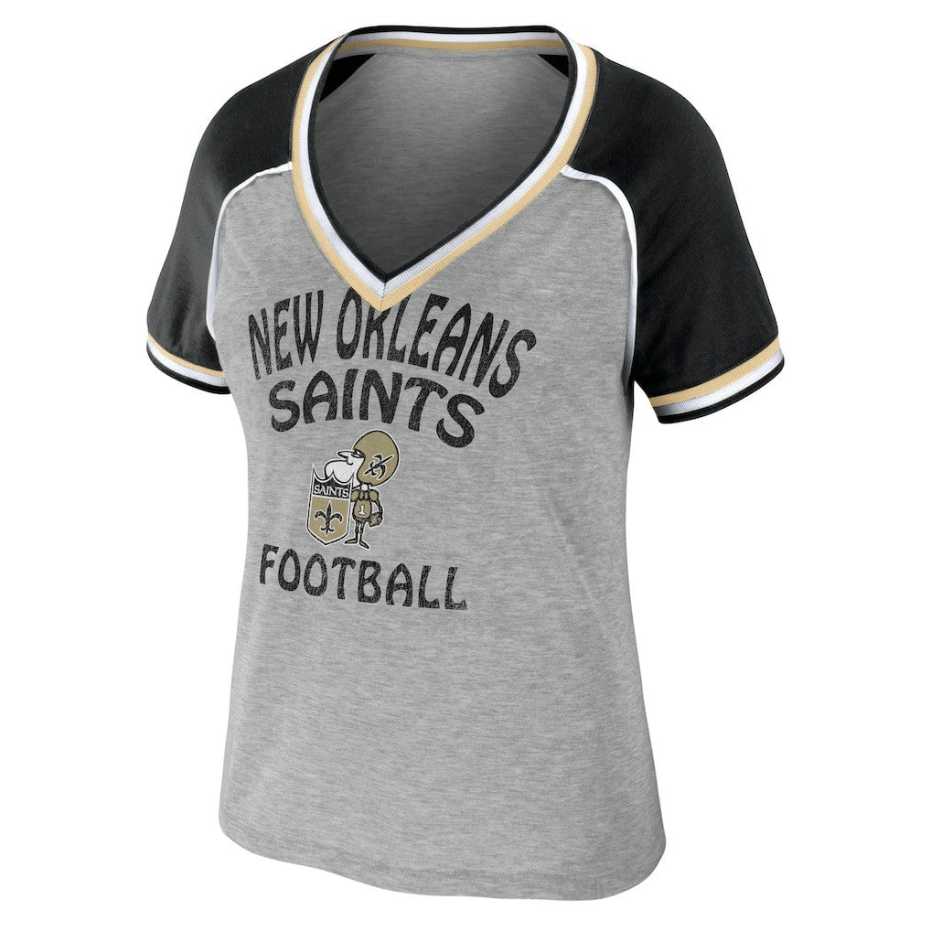 New Orleans Saints WEAR by Erin Andrews Women's Cropped Raglan Throwback V-Neck T-Shirt Heather Gray - NFL
