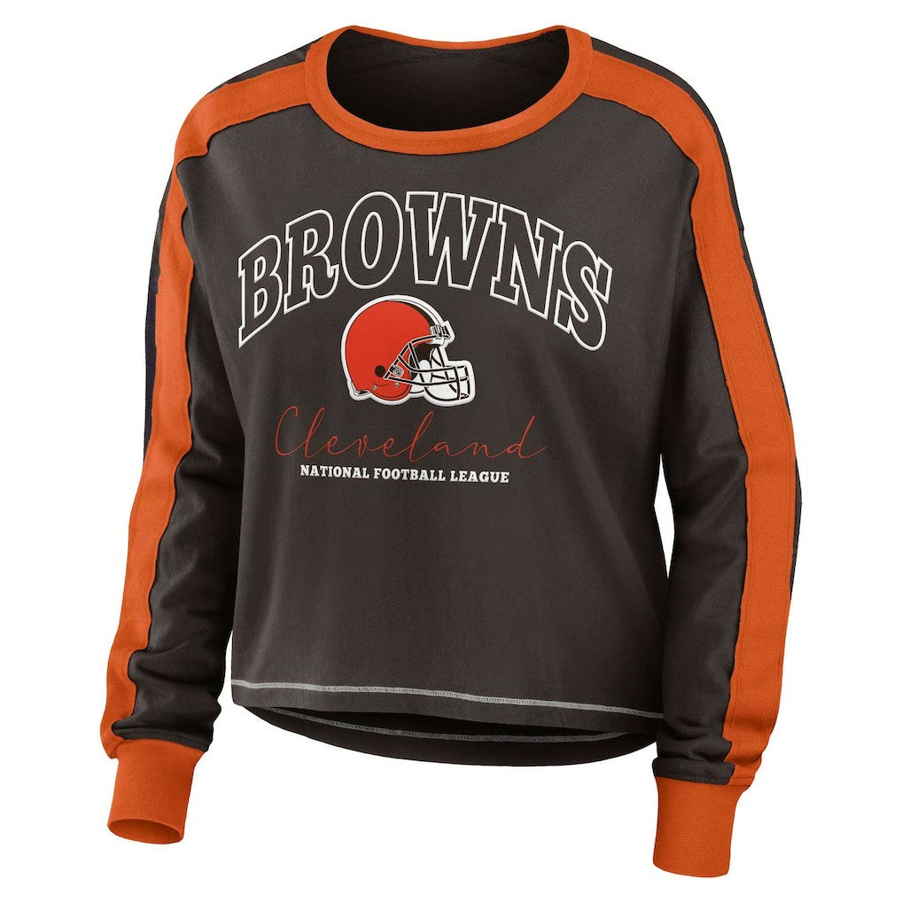 Cleveland Browns WEAR by Erin Andrews Women's Color Block Modest Crop Long Sleeve T-Shirt Brown/Orange - NFL