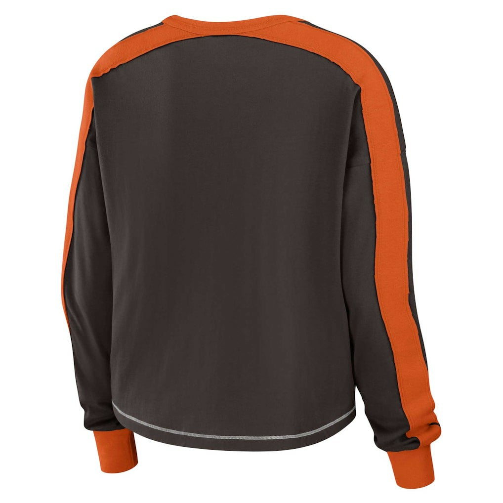 Cleveland Browns WEAR by Erin Andrews Women's Color Block Modest Crop Long Sleeve T-Shirt Brown/Orange - NFL