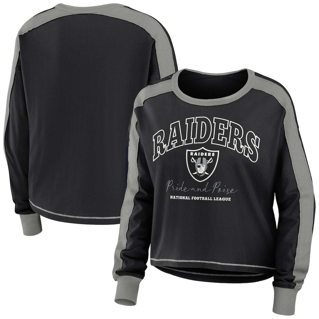 Las Vegas Raiders WEAR by Erin Andrews Women's Color Block Modest Crop Long Sleeve T-Shirt Black/Silver - NFL