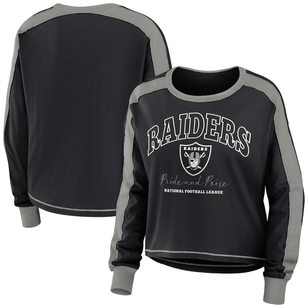 Las Vegas Raiders WEAR by Erin Andrews Women's Color Block Modest Crop Long Sleeve T-Shirt Black/Silver - NFL