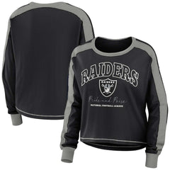 Las Vegas Raiders WEAR by Erin Andrews Women's Color Block Modest Crop Long Sleeve T-Shirt Black/Silver - NFL