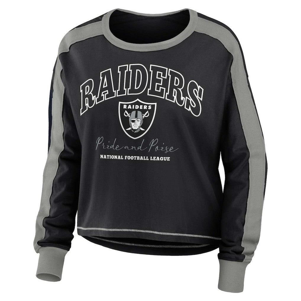 Las Vegas Raiders WEAR by Erin Andrews Women's Color Block Modest Crop Long Sleeve T-Shirt Black/Silver - NFL