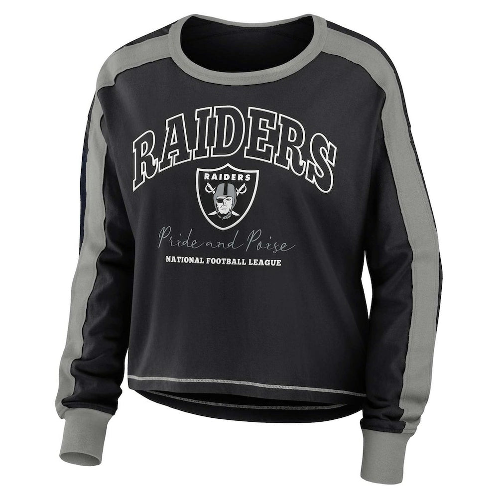Las Vegas Raiders WEAR by Erin Andrews Women's Color Block Modest Crop Long Sleeve T-Shirt Black/Silver - NFL