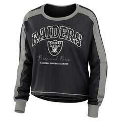 Las Vegas Raiders WEAR by Erin Andrews Women's Color Block Modest Crop Long Sleeve T-Shirt Black/Silver - NFL