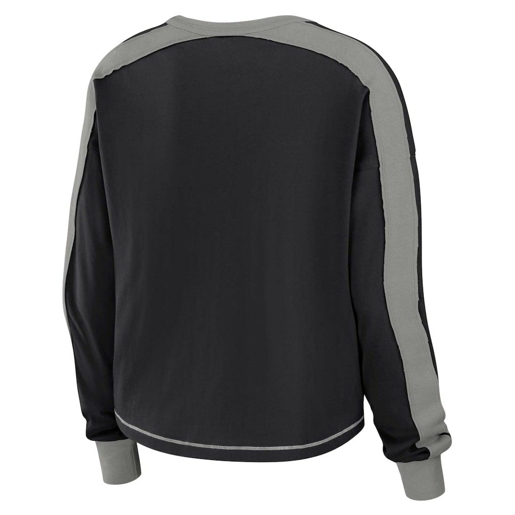 Las Vegas Raiders WEAR by Erin Andrews Women's Color Block Modest Crop Long Sleeve T-Shirt Black/Silver - NFL