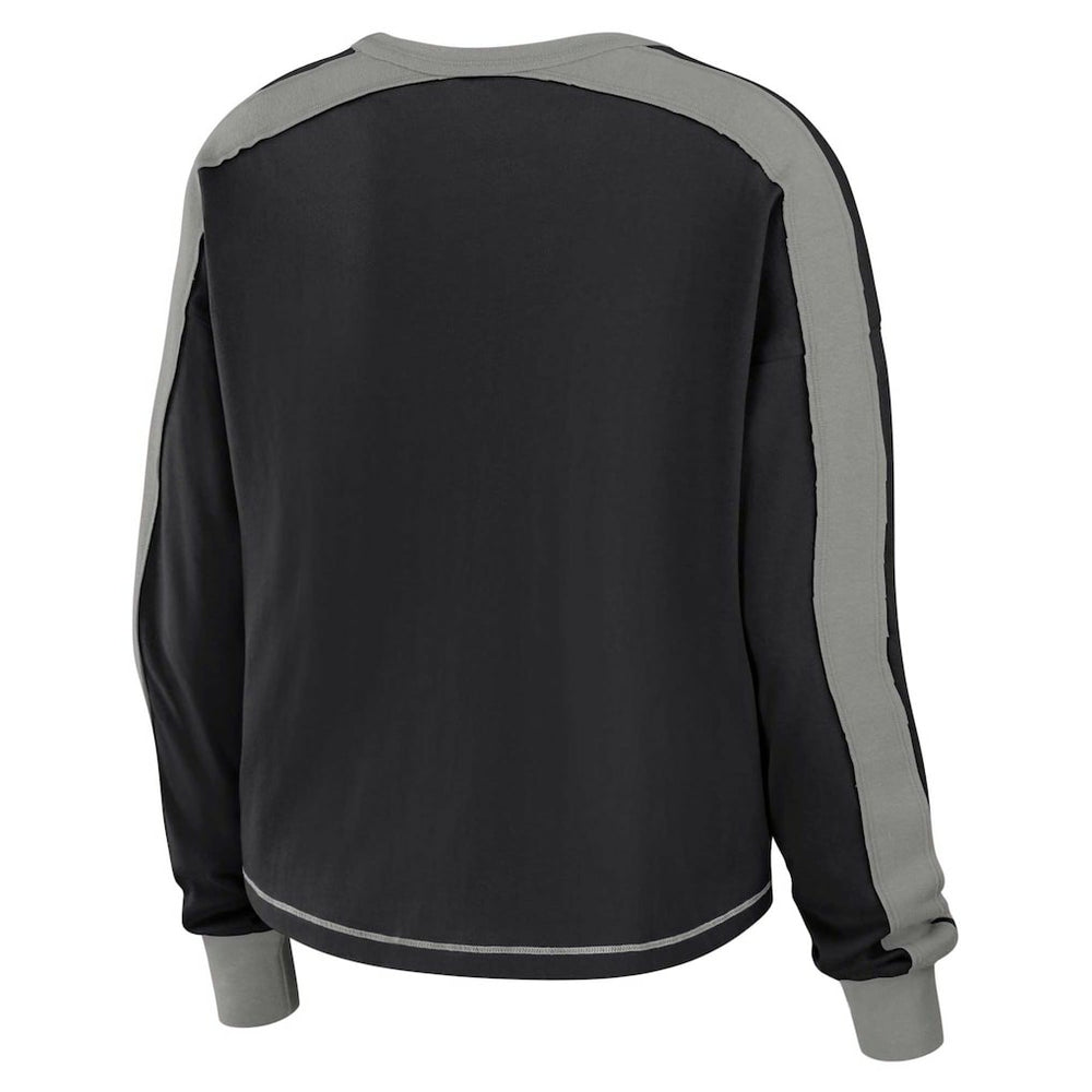 Las Vegas Raiders WEAR by Erin Andrews Women's Color Block Modest Crop Long Sleeve T-Shirt Black/Silver - NFL