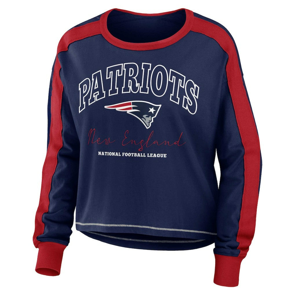 New England Patriots WEAR by Erin Andrews Women's Color Block Modest Crop Long Sleeve T-Shirt Navy/Red - NFL