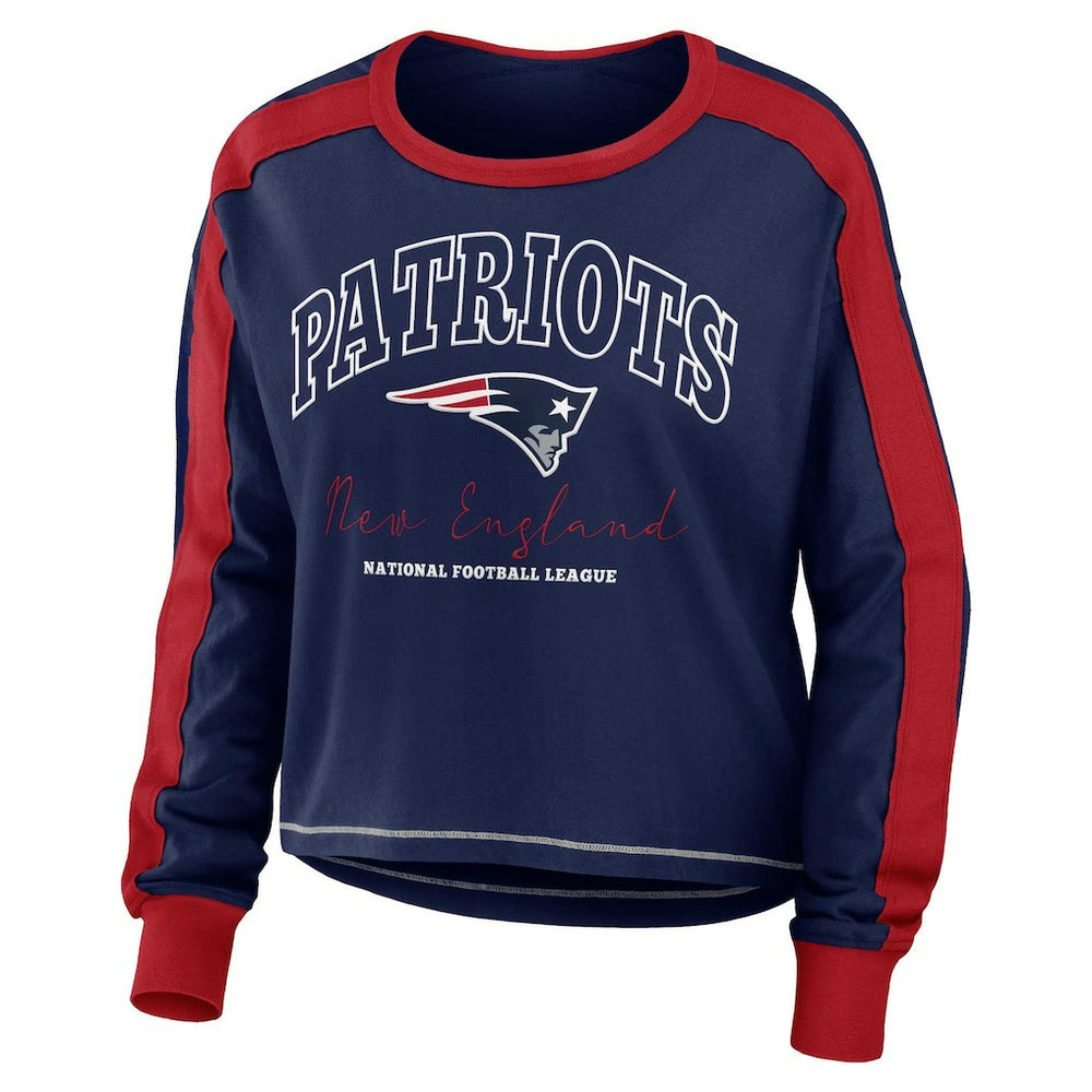 New England Patriots WEAR by Erin Andrews Women's Color Block Modest Crop Long Sleeve T-Shirt Navy/Red - NFL