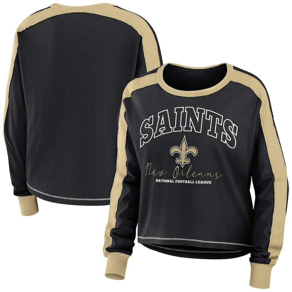 New Orleans Saints WEAR by Erin Andrews Women's Color Block Modest Crop Long Sleeve T-Shirt Black/Gold - NFL