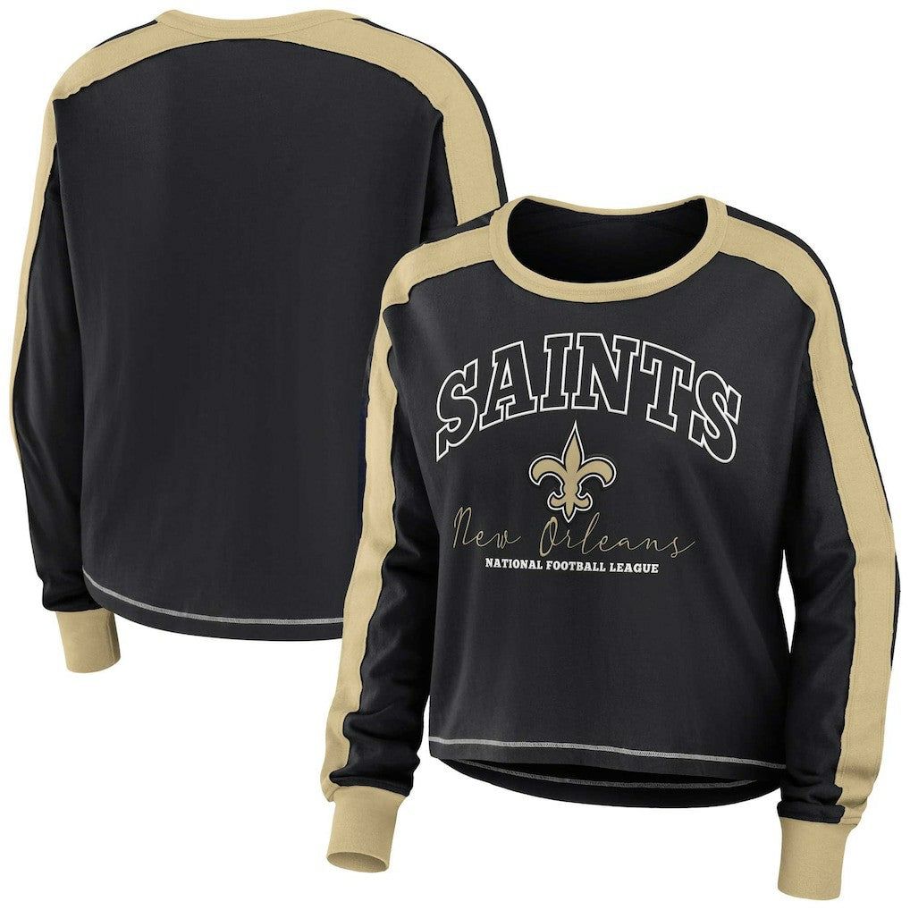 New Orleans Saints WEAR by Erin Andrews Women's Color Block Modest Crop Long Sleeve T-Shirt Black/Gold - NFL