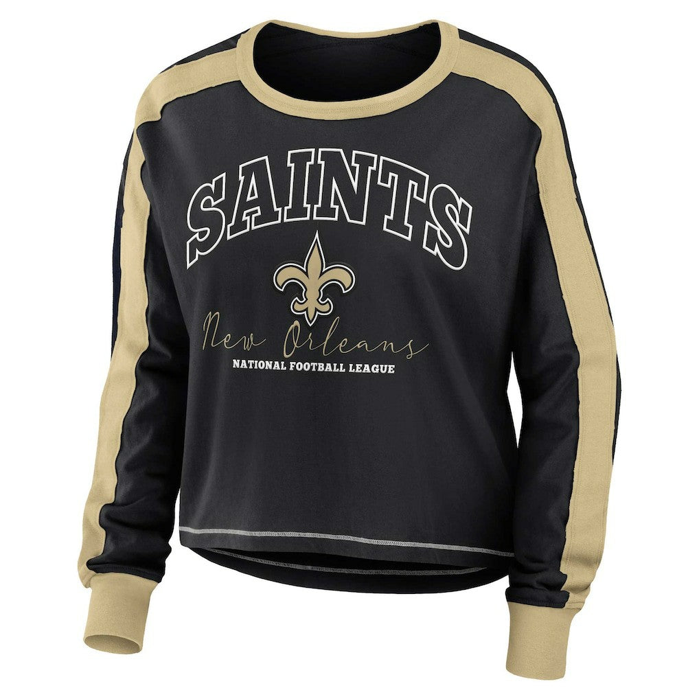 New Orleans Saints WEAR by Erin Andrews Women's Color Block Modest Crop Long Sleeve T-Shirt Black/Gold - NFL
