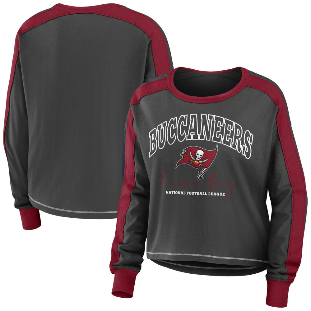 Tampa Bay Buccaneers WEAR by Erin Andrews Women's Color Block Modest Crop Long Sleeve T-Shirt Pewter/Red - NFL