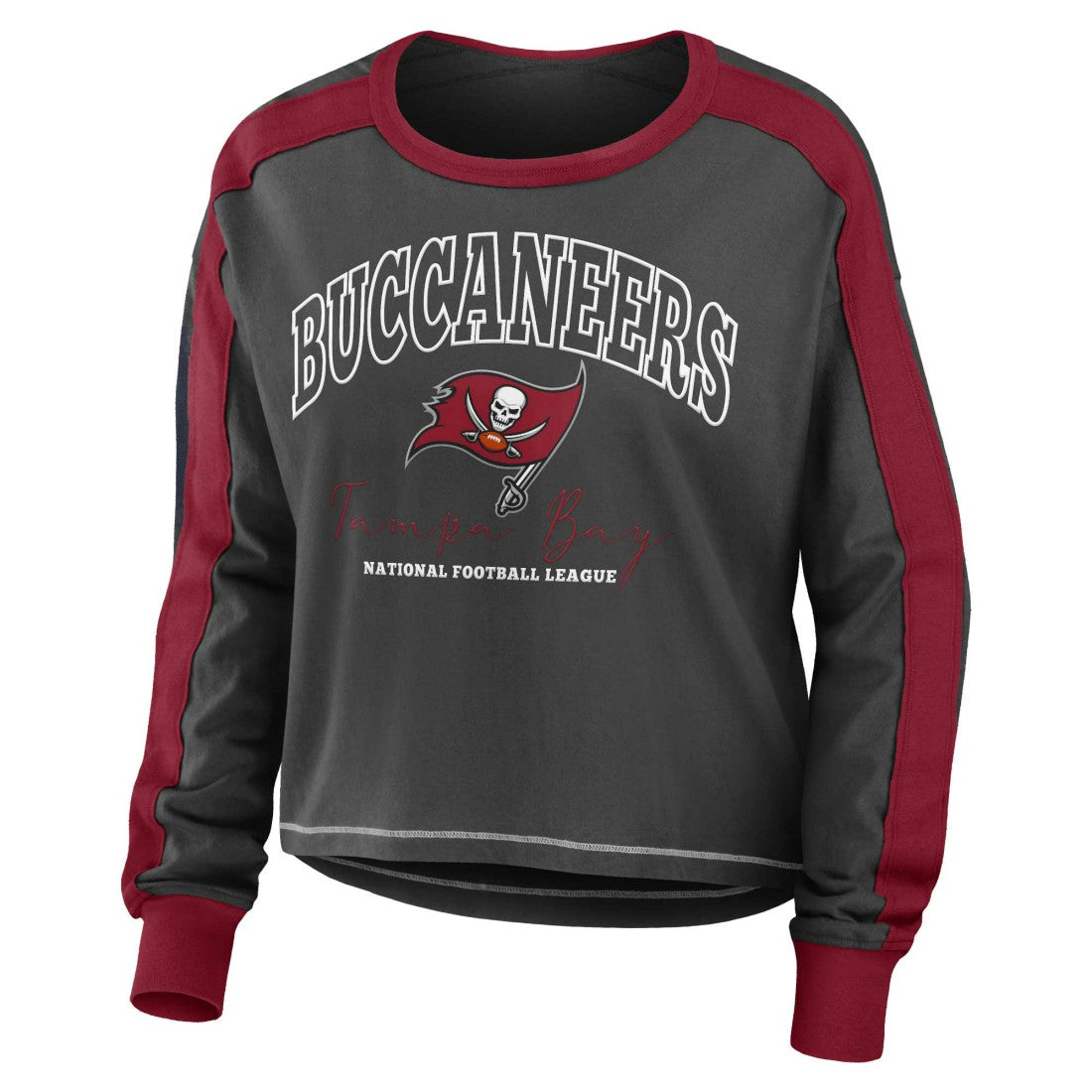 Tampa Bay Buccaneers WEAR by Erin Andrews Women's Color Block Modest Crop Long Sleeve T-Shirt Pewter/Red - NFL