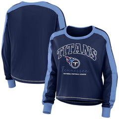 Tennessee Titans WEAR by Erin Andrews Women's Color Block Modest Crop Long Sleeve T-Shirt Navy/Light Blue - NFL