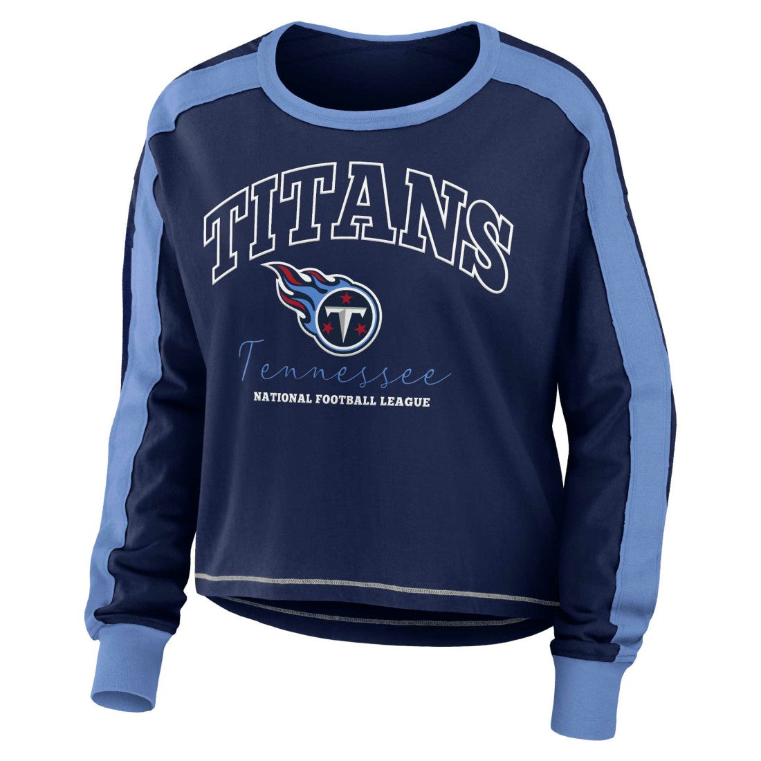 Tennessee Titans WEAR by Erin Andrews Women's Color Block Modest Crop Long Sleeve T-Shirt Navy/Light Blue - NFL