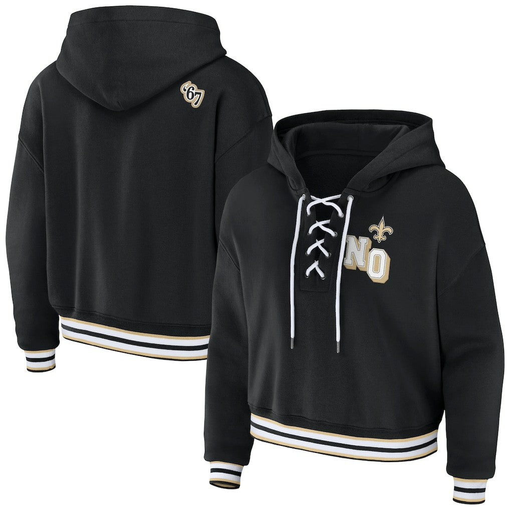 New Orleans Saints WEAR by Erin Andrews Women's Lace-Up Pullover Hoodie Black - NFL