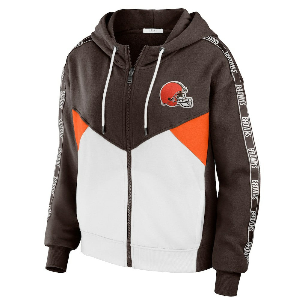 Cleveland Browns WEAR by Erin Andrews Women's Color Block Light Weight Modest Crop Full-Zip Hoodie Brown/White - NFL