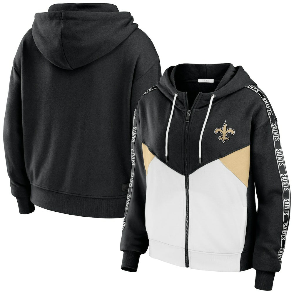 New Orleans Saints WEAR by Erin Andrews Women's Color Block Light Weight Modest Crop Full-Zip Hoodie Black/White - NFL