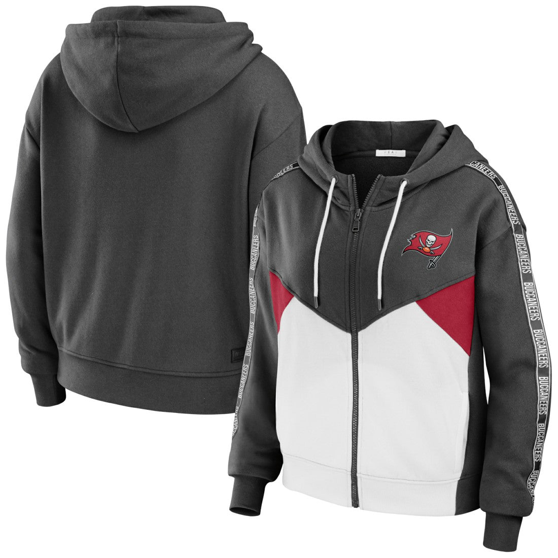 Tampa Bay Buccaneers WEAR by Erin Andrews Women's Color Block Light Weight Modest Crop Full-Zip Hoodie Pewter/White - NFL