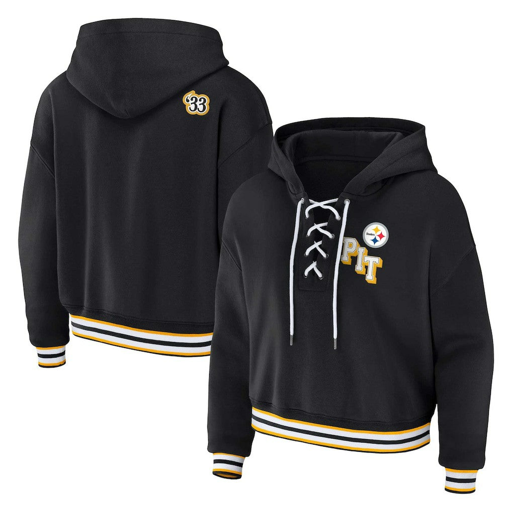 Pittsburgh Steelers WEAR by Erin Andrews Women's Plus Size Lace-Up Pullover Hoodie Black - NFL