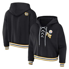 Pittsburgh Steelers WEAR by Erin Andrews Women's Plus Size Lace-Up Pullover Hoodie Black - NFL