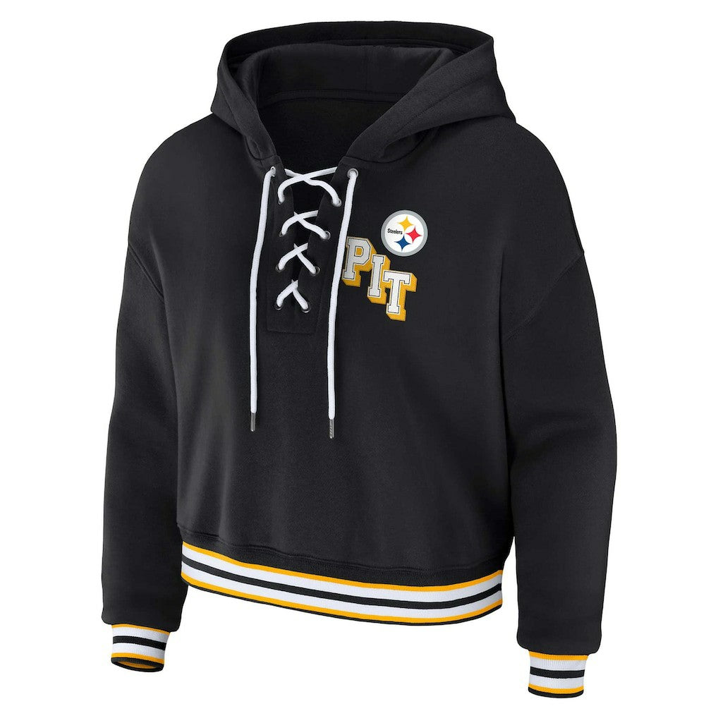 Pittsburgh Steelers WEAR by Erin Andrews Women's Plus Size Lace-Up Pullover Hoodie Black - NFL