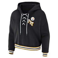 Pittsburgh Steelers WEAR by Erin Andrews Women's Plus Size Lace-Up Pullover Hoodie Black - NFL