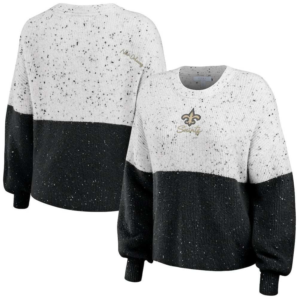 New Orleans Saints WEAR by Erin Andrews Women's Lighweight Modest Crop Color-Block Pullover Sweater White/Black - NFL