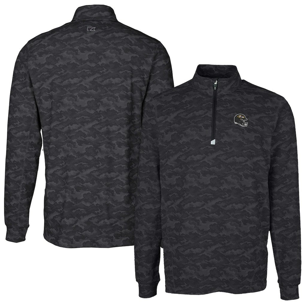 Baltimore Ravens Cutter & Buck Helmet Traverse Camo Print Stretch Quarter-Zip Pullover Top Black - NFL